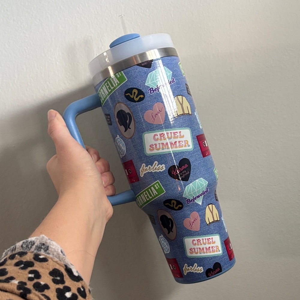 Cruel Summer Themed Travel Mug with Blue Handle